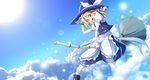  apron blonde_hair blush bow braid broom cloud day hair_bow hat kirisame_marisa long_hair open_mouth puffy_sleeves short_sleeves side_braid single_braid sky solo touhou ver.5 witch_hat yellow_eyes 