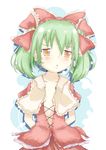  alternate_hairstyle arms_behind_back blush bow breasts capelet collarbone cusozee green_hair hair_bow highres kagiyama_hina open_clothes open_mouth open_shirt shirt skirt skirt_set small_breasts solo touhou twintails upper_body yellow_eyes 