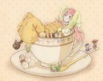  bread cup doyou_tengoku_pikaraji dress fairy_(jintai) food green_eyes in_container in_cup jinrui_wa_suitai_shimashita long_hair oversized_object pink_hair spoon sugar_cube watashi_(jintai) 