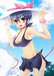  :d bad_id bad_tinami_id bikini black_hair blush breasts cleavage gien groin hat hat_ribbon highres koihime_musou large_breasts midriff multicolored_hair navel neck_ribbon open_mouth pink_ribbon ponshiro red_eyes ribbon shin_koihime_musou short_hair side-tie_bikini sideboob smile solo swimsuit two-tone_hair white_hair 