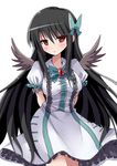  alternate_costume arms_behind_back bird_wings black_hair blush bow givuchoko hair_bow highres jewelry long_hair red_eyes reiuji_utsuho solo touhou very_long_hair white_background wings 