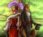  canine clothing corset costume couple duo feathers female fennec fox hat lagomorph male mammal marcus mask rabbit rukis suit top_hat 