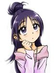  bare_shoulders futari_wa_precure_splash_star half_updo long_hair mishou_mai precure purple_eyes purple_hair simple_background solo thinking yuucho 