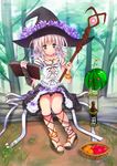  amayofuu ankle_lace-up anklet bare_shoulders blue_eyes blush book circlet cross-laced_footwear flower hat hat_flower jewelry looking_at_viewer magical_girl mascot original sandals short_hair sitting smile solo staff 