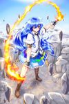  blue_hair blush fingerless_gloves gloves highres hinanawi_tenshi long_hair mizunashi_(second_run) no_hat no_headwear one_eye_closed outstretched_arms puffy_sleeves red_eyes rock short_sleeves smile solo standing sword_of_hisou touhou weapon 