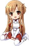  asuna_(sao) blush brown_hair chibi detached_sleeves harukigenia long_hair looking_at_viewer red_eyes skirt smile solo sword_art_online thighhighs white_background white_legwear 