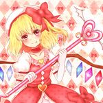  adapted_costume blonde_hair blush bow choker collarbone crystal fang flandre_scarlet hair_bow hat heart magical_girl puffy_sleeves raayu_(meltaway) red_eyes short_hair short_sleeves side_ponytail smile solo staff touhou wings 