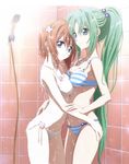  absurdres aqua_eyes arm_grab ass ass_grab asymmetrical_docking bikini blue_eyes breast_press breasts couple flower green_hair hair_ornament hairclip hand_on_another's_ass highres higurashi_no_naku_koro_ni hug long_hair medium_breasts multiple_girls non-web_source official_art orange_hair ponytail ryuuguu_rena sakai_kyuuta short_hair showering side-tie_bikini skindentation smile sonozaki_mion striped striped_bikini swimsuit very_long_hair wet white_bikini yuri 