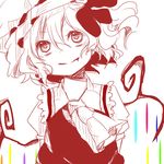  arms_behind_back ascot bad_id bad_pixiv_id bow fang flandre_scarlet hair_bow hat monochrome pikojirokurao puffy_sleeves short_hair short_sleeves side_ponytail smile solo touhou wings 