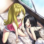  bad_id bad_pixiv_id black_hair blonde_hair closed_eyes green_eyes kyon_(fuuran) long_hair marker meat_kanji_on_forehead mouth_hold multiple_girls open_mouth original short_hair short_shorts shorts sleeping tank_top 