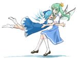  ascot bad_id bad_pixiv_id blue_hair blush bow cirno closed_eyes daiyousei fairy_wings flying_sweatdrops glomp green_eyes green_hair hair_bow hair_ribbon hug ice ice_wings long_hair multiple_girls open_mouth puffy_sleeves ribbon sherad short_hair short_sleeves side_ponytail smile touhou white_background wings 