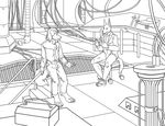  black_and_white canine control_room dialog dog jackal line_art mammal monochrome sci-fi scifi sitting talking text thestory wires 