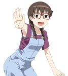  :d armpits bespectacled bra braid brown_eyes brown_hair glasses kyouno_madoka open_mouth outstretched_hand overalls ribonzu rinne_no_lagrange smile solo twin_braids underwear white_background 