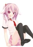  :d animal_ears black_legwear blush bunny_ears cameltoe chimunge long_hair necktie open_mouth original panties pink_eyes pink_hair pink_panties purple_eyes short_sleeves simple_background skirt smile solo thighhighs twintails underwear white_background 