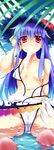  bikini blue_hair blush breasts cameltoe cloud collarbone day flower food fruit hat hibiscus hinanawi_tenshi leaf long_hair medium_breasts minase_(dragon_panda) navel nipples peach red_eyes sarong sky solo swimsuit touhou wardrobe_malfunction white_sarong 