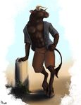  anthro biceps big_muscles bovine brown_eyes brown_fur bull cattle clothing fur hand_on_hip hooves horn male mammal minotaur mistresssparkles muscles nipples open_shirt pecs pose shirt shorts solo standing toned 
