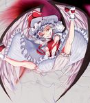  bloomers capelet curiosities_of_lotus_asia grin hat hat_ribbon puffy_sleeves red_eyes remilia_scarlet ribbon sabiirodoramu short_hair short_sleeves silver_hair smile solo spread_legs touhou underwear wings 