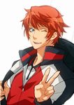  backpack bag blue_eyes male_focus one_eye_closed open_mouth orange_hair sengoku_kiyosumi smile solo tennis_no_ouji-sama v yamada_3 