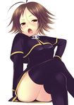  ahoge bad_id bad_pixiv_id black_legwear blush brown_eyes brown_hair crossed_legs genderswap genderswap_(mtf) mouri_motonari_(sengoku_basara) msp_sammy open_mouth sengoku_basara short_hair sitting solo thighhighs 