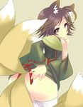  ahoge androgynous animal_ears ass ass_focus bad_id bad_pixiv_id brown_hair fox_ears fox_tail from_behind male_focus mouri_motonari_(sengoku_basara) msp_sammy multiple_tails otoko_no_ko sengoku_basara solo tail thighhighs white_legwear yellow_eyes 