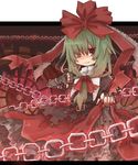  adapted_costume alternate_eye_color bad_id bad_pixiv_id belt bow chain dress fingerless_gloves frills front_ponytail gloves green_hair hair_bow hair_ornament hair_ribbon kagiyama_hina long_hair looking_at_viewer metazou one_eye_closed red_dress red_eyes ribbon skirt_hold smile solo thumbs_down touhou 
