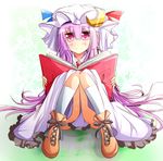  book boots crescent cross-laced_footwear hat highres long_hair patchouli_knowledge pink_eyes purple_hair sitting smile solo touhou warabi_mochi_(ehimedaisuki) 