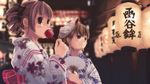  blurry brown_hair candy_apple depth_of_field drill_hair fan food fukuzawa_yumi haya_bs japanese_clothes kimono lantern looking_at_viewer maria-sama_ga_miteru mask matsudaira_touko multiple_girls obi paper_fan sash sweets twintails uchiwa yukata 