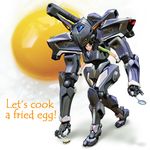  black_hair cannon cockpit cooking egg english fried_egg frying_pan gloves green_eyes holding igunuk lifting long_hair mecha original power_armor power_suit realistic science_fiction shadow skin_tight solo text_focus weapon white_gloves 