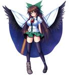  arm_cannon bird_wings black_legwear black_wings blush bow breasts brown_eyes brown_hair cape hair_bow impossible_clothes impossible_shirt large_breasts large_wings long_hair looking_at_viewer mismatched_footwear puffy_sleeves red_eyes reiuji_utsuho shirt short_sleeves simple_background skirt solo standing takeponi thighhighs third_eye touhou very_long_hair weapon white_background wings zettai_ryouiki 