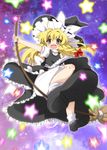  blonde_hair bloomers blush bow braid broom brown_eyes hair_bow hat hat_bow kirisame_marisa open_mouth oryuu_aya puffy_sleeves short_sleeves single_braid solo star touhou underwear white_bow witch_hat 