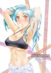  adjusting_hair armpits arms_up blue_hair blush breasts food jpeg_artifacts large_breasts mouth_hold navel original popsicle red_eyes solo underboob yui_toshiki 