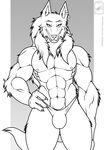  abs anthro black_and_white bulge canine claws ear_piercing front inks looking_at_viewer male mammal monochrome muscles navel nipples pecs piercing pose smile solo standing thong topless walter_sache wolf 