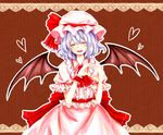  ascot bat_wings blue_hair blush bow closed_eyes frills hat hat_bow heart maru_usagi open_mouth puffy_sleeves remilia_scarlet short_hair short_sleeves solo touhou wings 
