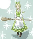  apron blonde_hair boots braid braided_hair broom dress green_eyes ribbon snowflake snowflakes sukumo_(kemutai) 