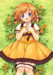  :d bloomers blue_eyes braid copyright_request dandelion dress flower grass hands_on_own_chest inou_shin looking_at_viewer lying on_back open_mouth orange_hair short_hair smile solo twin_braids underwear 