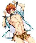  ahoge animal_print blue_eyes blush chain collar cuffs cum cum_on_body cum_on_lower_body cum_on_upper_body jacket leopard_print loincloth male_focus muscle navel open_clothes open_mouth open_shirt orange_hair sengoku_kiyosumi shirt solo sweat tennis_no_ouji-sama yamada_3 