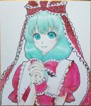  acrylic_paint_(medium) aqua_eyes aqua_hair arm_ribbon bow frills front_ponytail hair_bow hair_ornament hair_ribbon hands_clasped kageharu kagiyama_hina long_hair open_mouth own_hands_together photo ribbon shikishi short_sleeves smile solo touhou traditional_media 