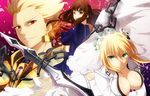  2girls aestus_estus armor ass_cutout blonde_hair bodysuit breasts brown_eyes brown_hair center_opening chain cleavage earrings fate/extra fate/extra_ccc fate_(series) gilgamesh green_eyes highres jewelry kishinami_hakuno_(female) large_breasts long_hair multiple_girls nero_claudius_(bride)_(fate) nero_claudius_(fate)_(all) pochi-a school_uniform sword tsukumihara_academy_uniform_(fate/extra_ccc) veil weapon white_bodysuit 