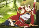  b-cat black_legwear blonde_hair blush fingerless_gloves forest gloves long_sleeves lying nature on_side one_eye_closed open_mouth orange_eyes short_hair short_twintails silica solo sword_art_online tears thighhighs tree twintails 