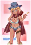  belt blonde_hair blue_eyes breasts cape cleavage cowboy_hat dark_skin gun hand_on_hip handgun hat holster large_breasts navel open_mouth original ouji_(jp) pink_background revolver short_hair snapping_fingers solo thigh_strap weapon 