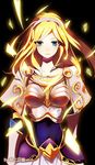  armor beancurd blonde_hair blue_eyes blush boobplate breastplate hairband league_of_legends long_hair looking_at_viewer luxanna_crownguard signature solo 