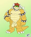 anthro balls biceps big_muscles big_penis bowser claws collar grin hair horn koopa long_foreskin looking_at_viewer male mario_bros muscles nintendo nipples nude paws penis plain_background reptile scalie shell solo spikes standing turtle uncut video_games wolfblade 