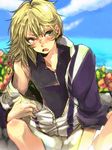  1boy blonde_hair blush fang hatio7 hirakoba_rin long_hair male male_focus ocean open_mouth shorts sitting sky solo sweat tennis_no_ouji-sama white_background yellow_eyes 