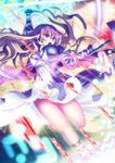  amisu blonde_hair gradient_hair highres hijiri_byakuren long_hair long_sleeves magic_circle multicolored_hair ofuda open_mouth outstretched_arms puffy_sleeves purple_eyes purple_hair round_teeth solo sorcerer's_sutra_scroll teeth touhou 