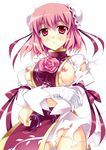  bandages blush breasts chinese_clothes crossed_arms double_bun flower ibaraki_kasen large_breasts long_sleeves minase_(dragon_panda) nipples parted_lips pink_hair puffy_sleeves red_eyes rose short_hair solo torn_clothes touhou wide_sleeves 