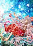  akasia barefoot bow bubble colorful commentary_request fujiwara_no_mokou hair_bow long_hair outstretched_arm pants red_eyes silver_hair solo touhou very_long_hair 
