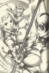  2girls armor breasts cattleya cleavage fighting glasses highres leina monochrome multiple_girls official_art queen&#039;s_blade queen's_blade smile sword weapon 