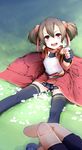  black_legwear breastplate brown_hair fingerless_gloves flower gloves grass highres looking_at_viewer momo_(higanbana_and_girl) open_mouth pov red_eyes short_twintails silica sitting smile solo_focus sword_art_online thighhighs twintails weapon 