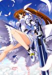  absurdres blue_sky blush breasts brown_hair cloud day dress feathers from_below higa_yukari highres impossible_clothes impossible_dress large_breasts legs long_legs looking_at_viewer looking_down lyrical_nanoha magical_girl mahou_senki_lyrical_nanoha_force mahou_shoujo_lyrical_nanoha outdoors raising_heart side_ponytail sky solo strike_cannon takamachi_nanoha uniform weapon wings 
