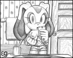  blush breasts camera clothed clothing cream_the_rabbit cup epilepticgerbil female looking_at_viewer monochrome nipples open_mouth open_shirt sega selfie shirt shorts solo sonic_(series) towel undressing 